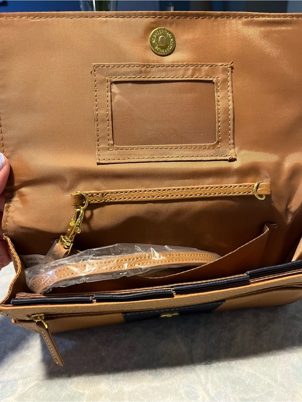 JM New York Two-Tone Brown and Tan Split Leather Clutch Adjustable Strap 9X6.